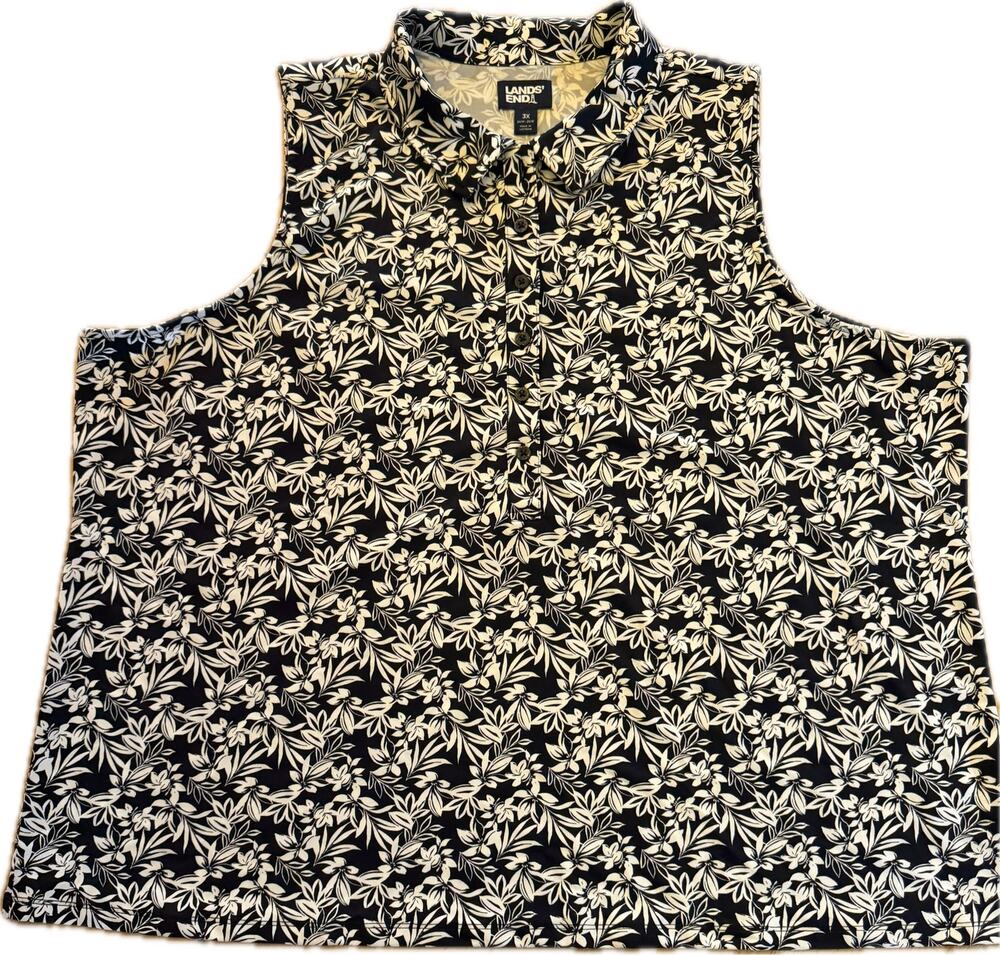Lands' End Polo Top Womens 3X Black White Floral Sleeveless Stretch Golf